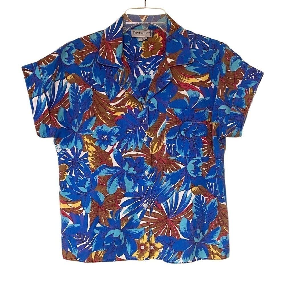 Vintage Hawaiian Shirt Button Down Blue & Brown Sz Small